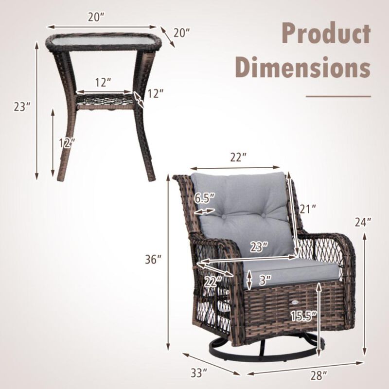 Hivvago 3 Pieces Outdoor Swivel Rocker Set with Small Side Table-Gray