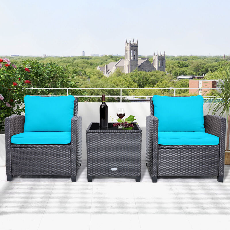 3 Pcs Patio Rattan Furniture Set Cushioned Conversation Set Coffee Table