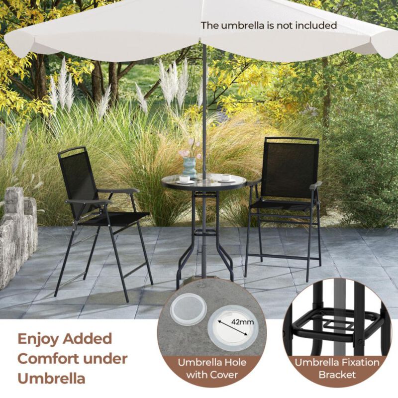 Hivvago 3 Pieces Outdoor Bar Stool Set with DPC Tabletop and Umbrella Hole for Poolside