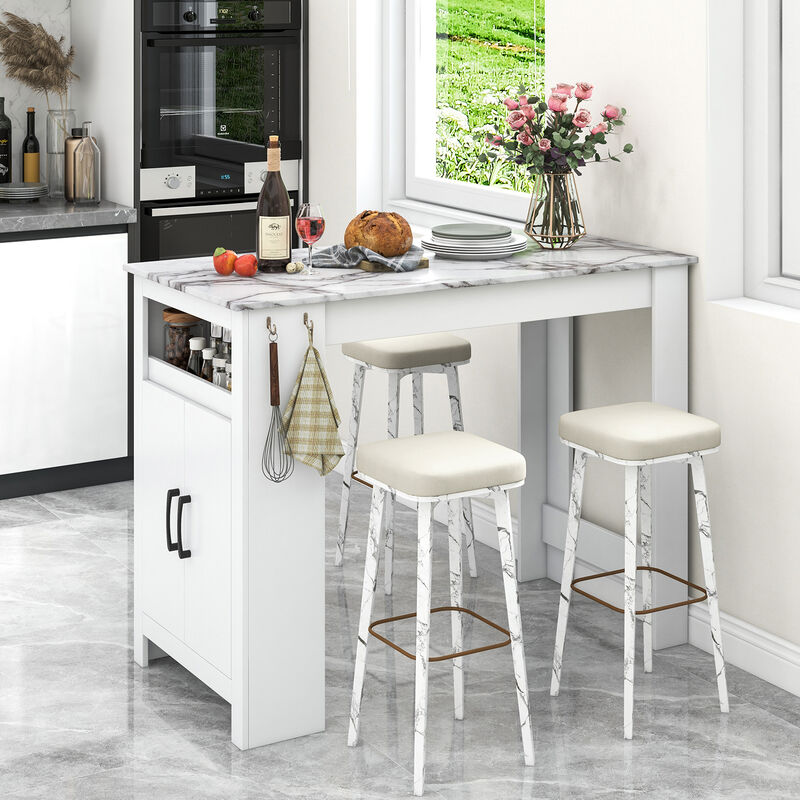 Bar Table Faux Marble Pub Table with 7 Hanging Hooks Compartment