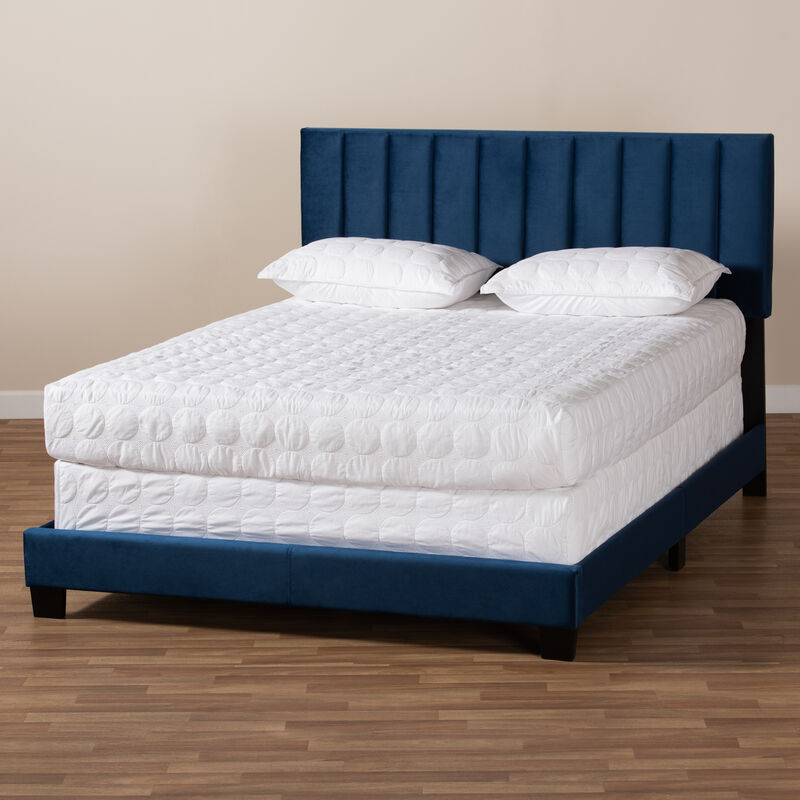 Baxton Studio Clare Velvet Upholstered Queen Size Panel Bed with Channel Tufted Headboard