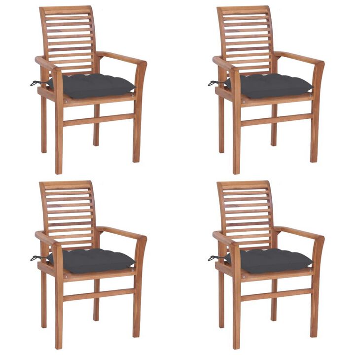 Outdoor Dining Set of 4, Slatted Teak Wood, Dark Gray Polyester - Benzara