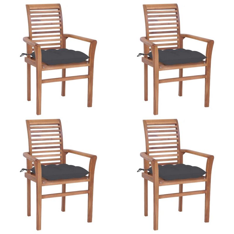 Outdoor Dining Set of 4, Slatted Teak Wood, Dark Gray Polyester - Benzara
