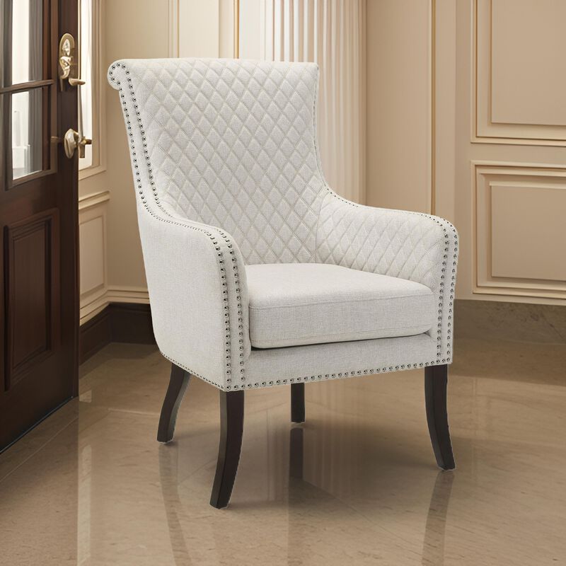 33 Inch Accent Armchair, Diamond Stitched Design, Beige Textured Polyester - Benzara