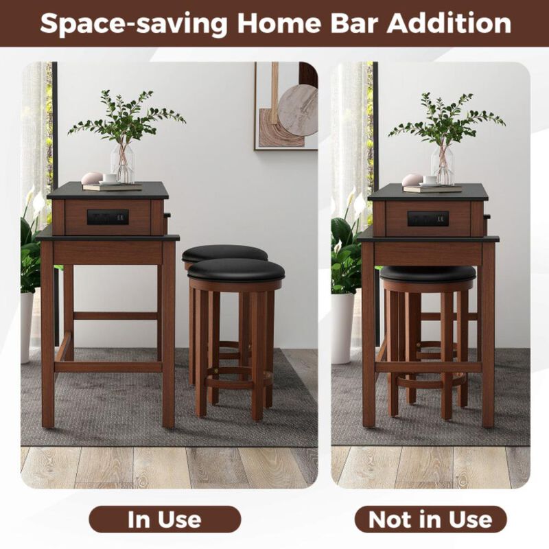 Hivvago 3-Piece Home Bar Set with 2 Upholstered Bar Stools, Outlets and USB Ports