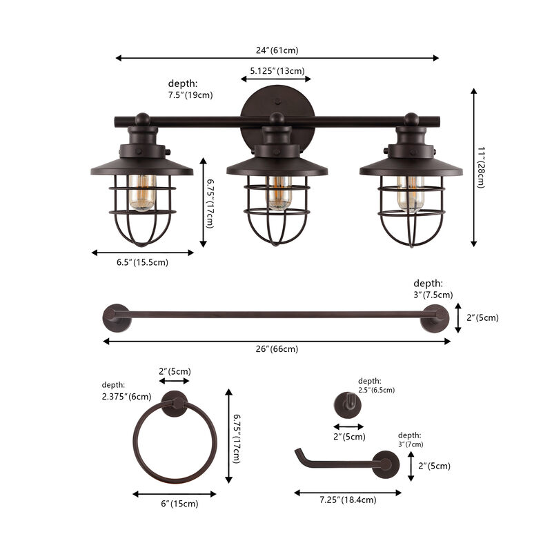 Ellis 24" 3-Light Industrial Farmhouse Vanity Light with Bathroom Hardware Accessory 5-Piece Set