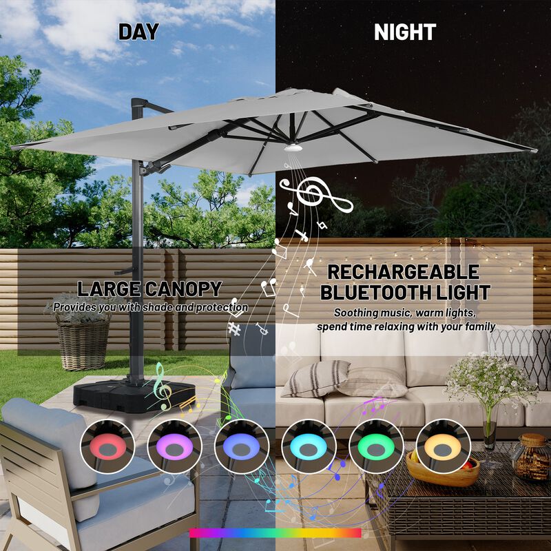 10 ft 360° Rotation Square Cantilever Patio Umbrella with BaseandBT in Gray