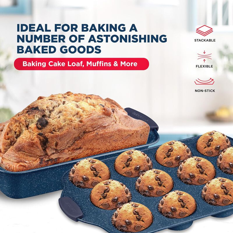 BAKKEN Kitchen Baking Pan Set - Nonstick Coating, Carbon Steel Bakeware Sets with Silicone Handles, Baking Kitchen Essentials, PFOA, PFOS, PTFE Free, Oven Safe Tray (Up To 450° F), Set of 8