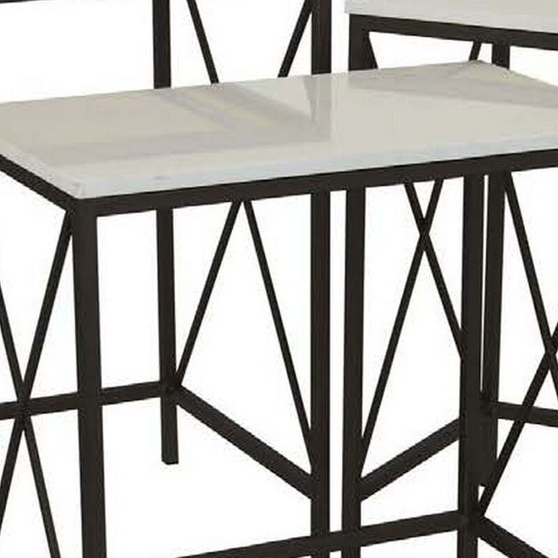 Zoe Plant Stand Table Set of 3, Metal, Rectangular Marble Top, Black Metal - Benzara