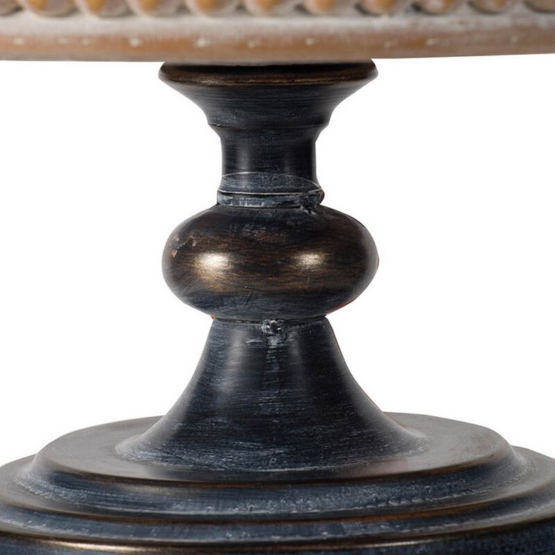 Marrie 14 Inch Round Decorative Tray, Black Iron Padestal Base, Wood Top - Benzara