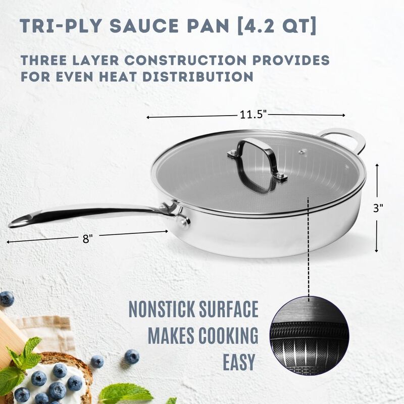 Tri-ply Stainless Steel Diamond Nonstick 4.2 QT Saute Pan with Glass Lid