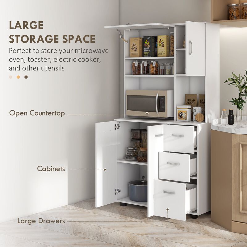 66" White Kitchen Pantry: Flip-Up Door, 3 Drawers, Countertop