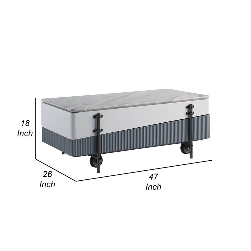 Mindy Coffee Table with Lift Top, 3 Compartments, White Gray 47 Inch - Benzara