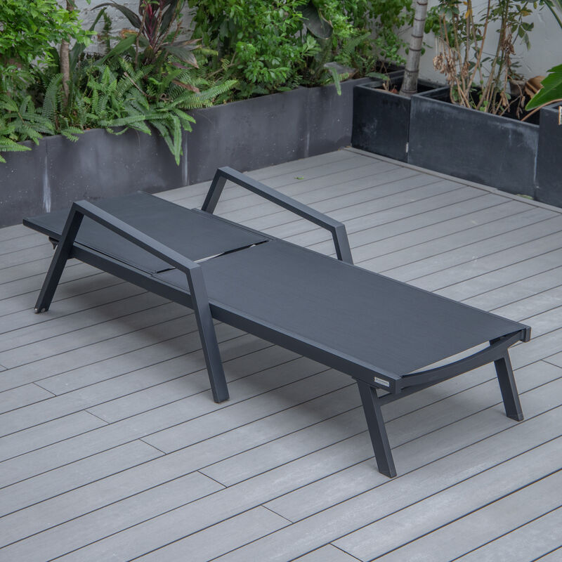 LeisureMod Marlin Patio Chaise Lounge Chair with Armrests – Black Aluminum Frame & Navy Blue Mesh for Outdoor Comfort
