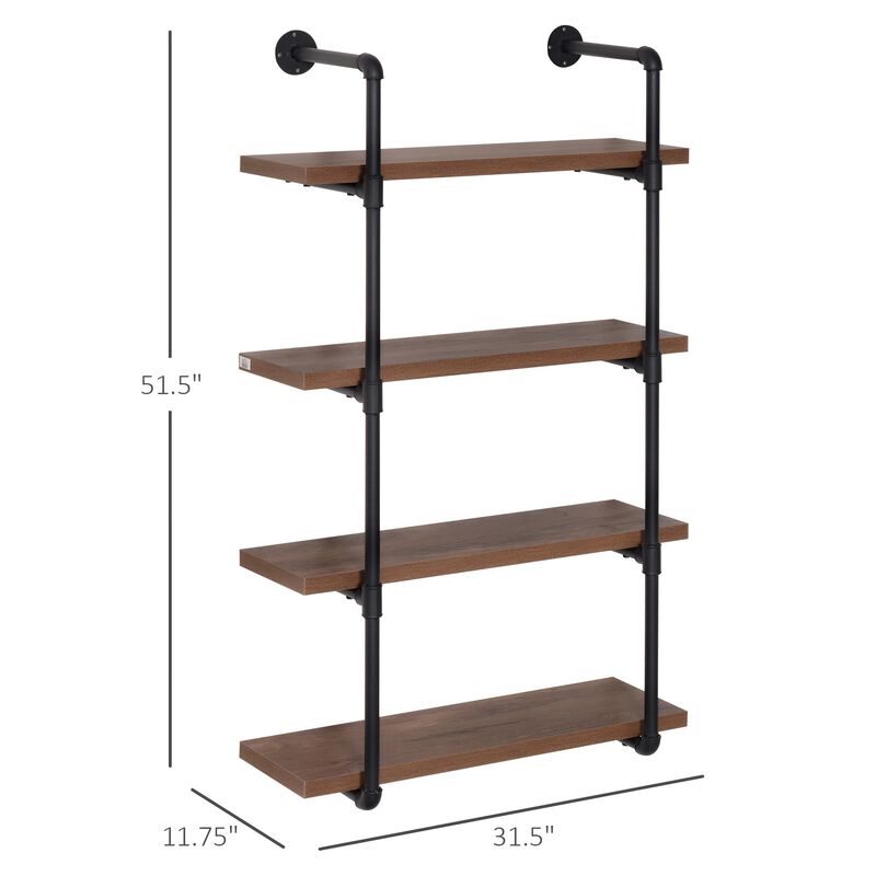 Rustic Floating Shelves: 4-Tier Industrial Pipe Wall-Mounted Rack