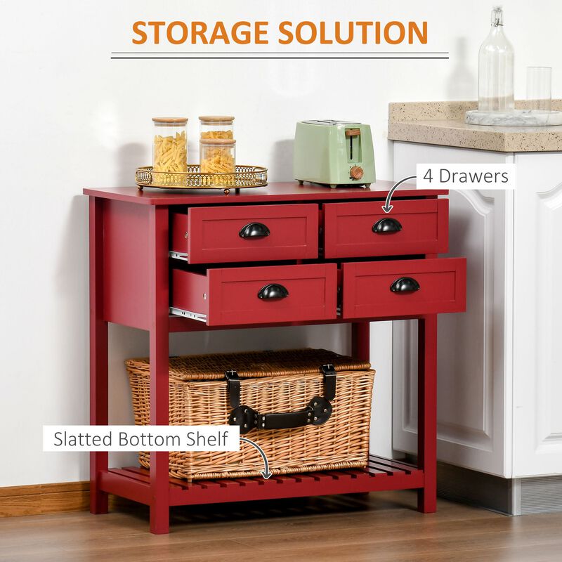 Red Dining Storage: Sideboard with 4 Drawers and Slatted Shelf