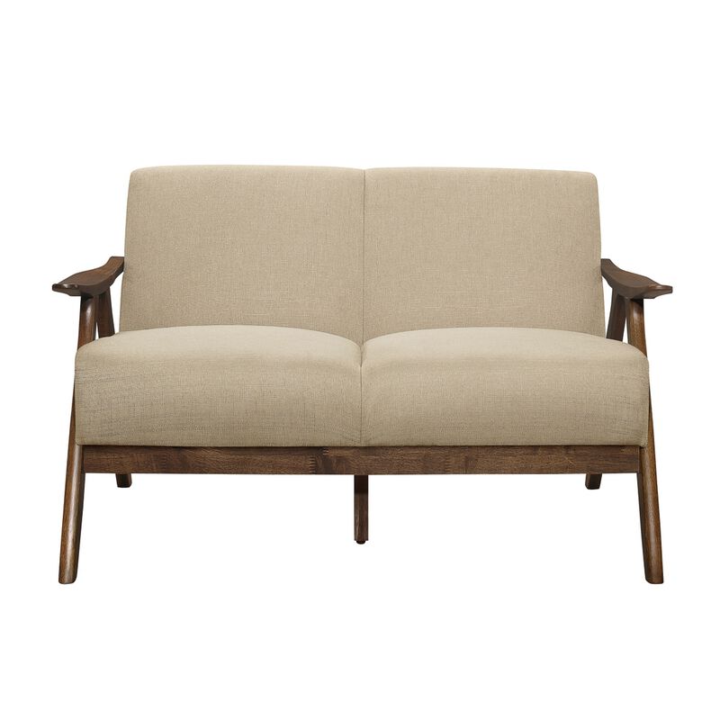 Indy 51 Inch Loveseat, Brown Rubberwood Angled Frame, Textured Beige Fabric - Benzara