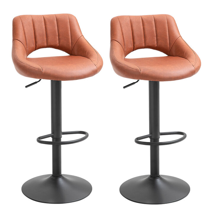 HOMCOM Bar Stools Set of 2, Swivel Bar Height Barstools Chairs with Adjustable Height, Round Heavy Metal Base, and Footrest, Brown