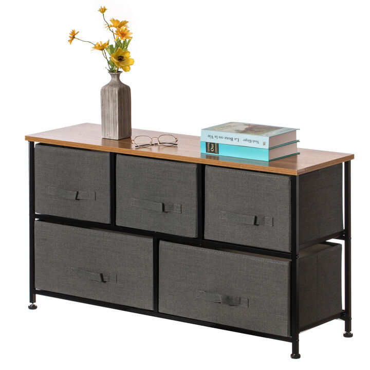 Charcoal Five Fabric Storage Drawer Unit, Wooden Top Dresser Tower, 2 Sizes Bins, Gray, 5 Drawers