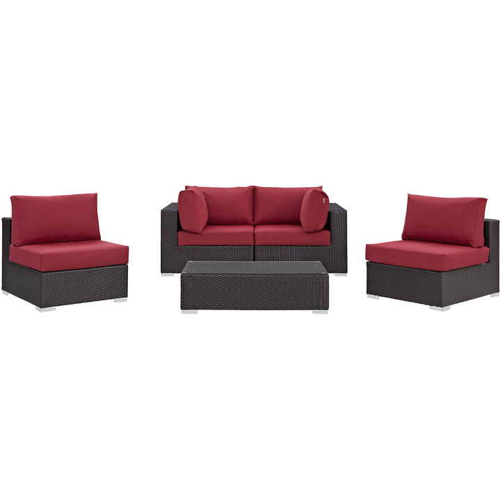 Convene 5 Piece Outdoor Patio Sectional Set - Espresso Red