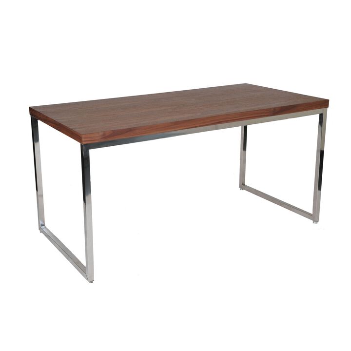 Rami 59 Inch Office Desk, Rectangular Top, Walnut Brown Wood, Steel Frame - Benzara