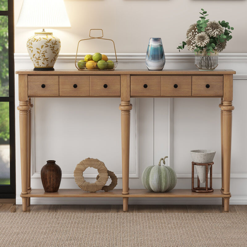 Gewnee Retro Console Table with 4 Drawers and Open Shelf (Old Pine)