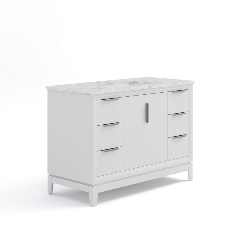 Elizabeth 48 In. Single Sink Carrara White Marble Countertop Bath Vanity In Pure White with Brushed Silver Hardware