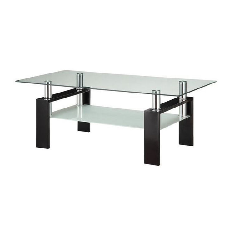 Glass Top Coffee Table with Metal Base and 1 Bottom Shelf, Clear and Black-Benzara