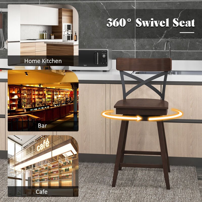 Set of 2 Wooden Swivel Bar Stools with Open X Back and Footrest-24 inches