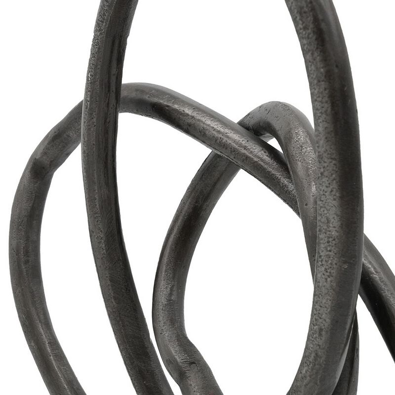9 Inch Table Sculpture, Abstract Loop Design, Block Base, Black, Silver - Benzara