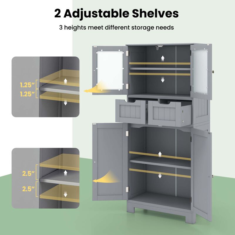 Costway Bathroom Floor Storage Cabinet Kitchen Cupboard with 2 Drawers & Glass Doors Grey