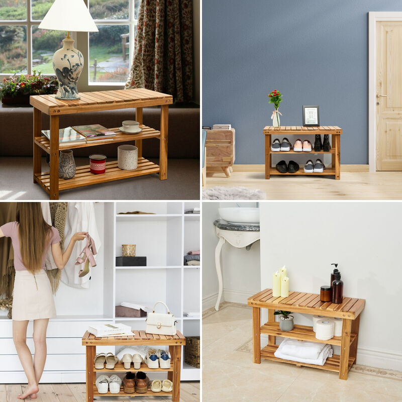 Acacia Wood Shoe Rack Bench Strong Weight Bearing Upto 200 LBS Best Ideas For Entryway Frontdoor Bathroom, Natural Color