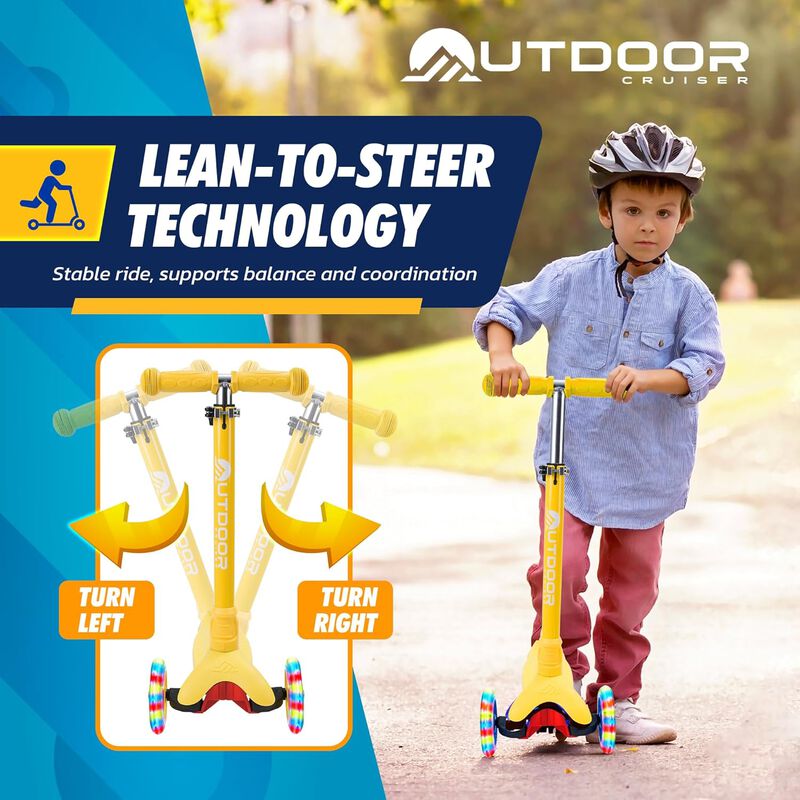 Outdoor Cruiser 3-Wheel Kids Scooter – with Lean-to-Steer Technology, Led Lighted Wheel, 4-Level Adjustable Height T-bar Handle, Support Kids Up to 150 Lbs, for Boys & Girls Ages 3-8