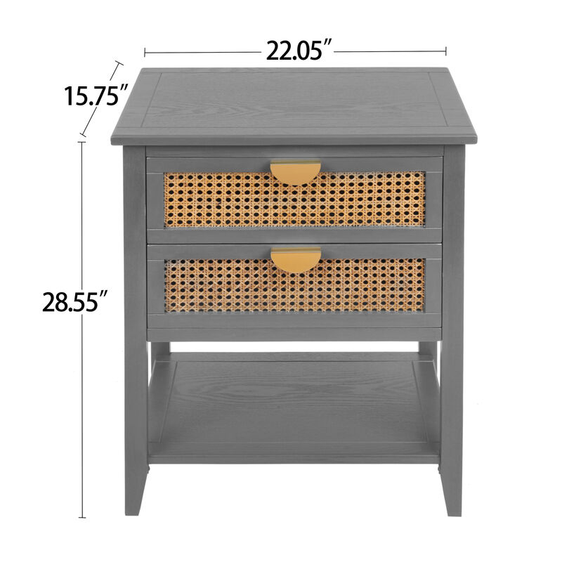 2 Drawer Side Table, Natural Rattan, End Table, Suitable For Bedroom, Living Room, Study
