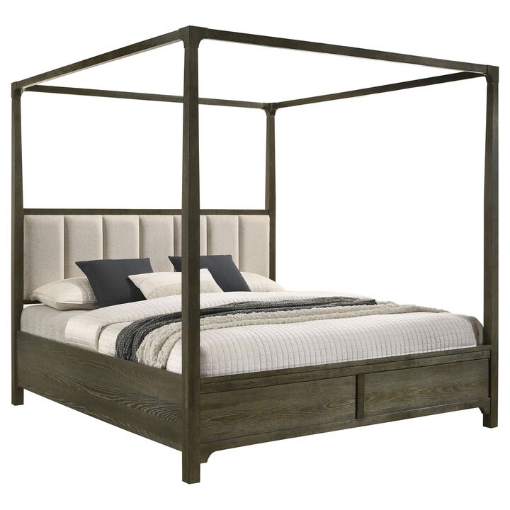 Seon Queen Canopy Bed w 4 Posters, Ivory Upholstery, Dark Cocoa Brown - Benzara