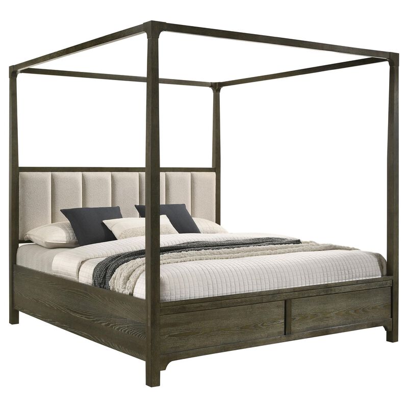 Seon Queen Canopy Bed w 4 Posters, Ivory Upholstery, Dark Cocoa Brown - Benzara
