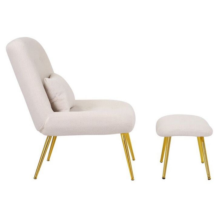 Lea 2pc Accent Lounge Chair and Ottoman Set, Tan Teddy Upholstery, Gold - Benzara