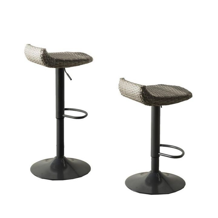 Max 34 Inch Outdoor Barstool, Gray Resin Woven Wicker, Foldable, Set of 2-Benzara