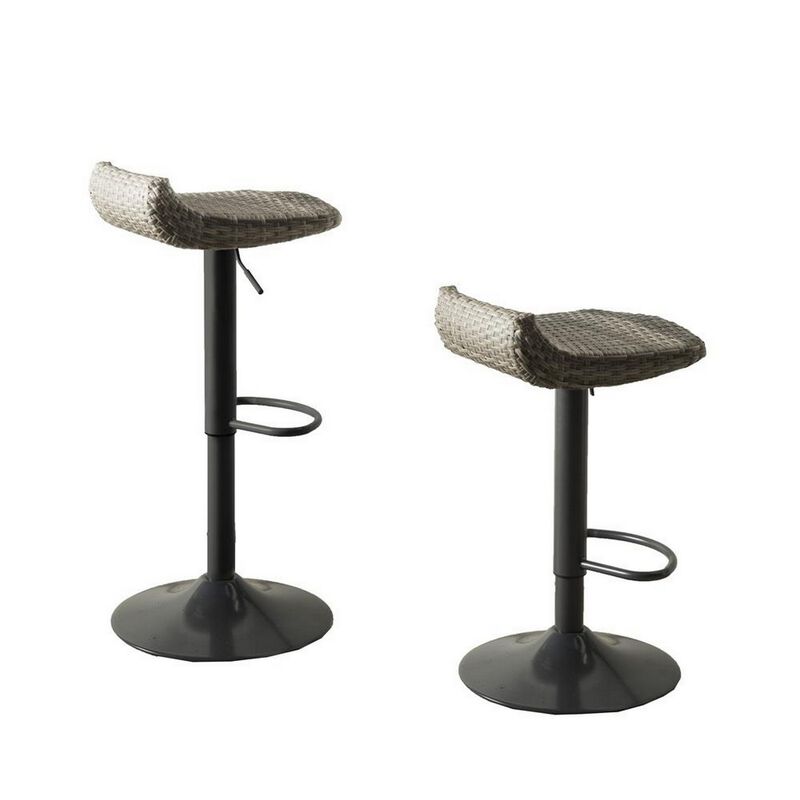 Max 34 Inch Outdoor Barstool, Gray Resin Woven Wicker, Foldable, Set of 2-Benzara