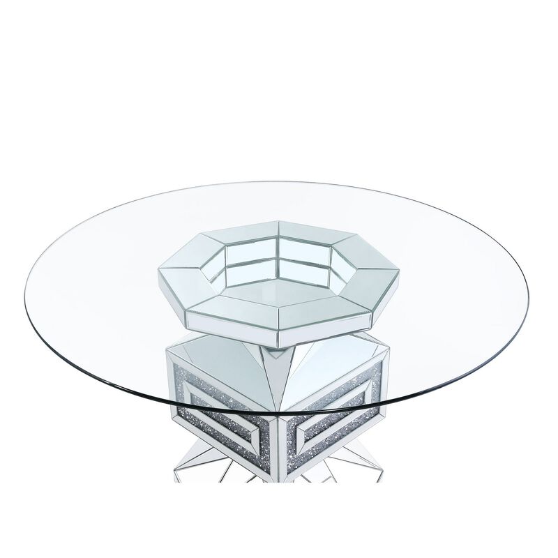 Dining Table with Glass Top and Mirrored Pedestal Base, Silver - Benzara