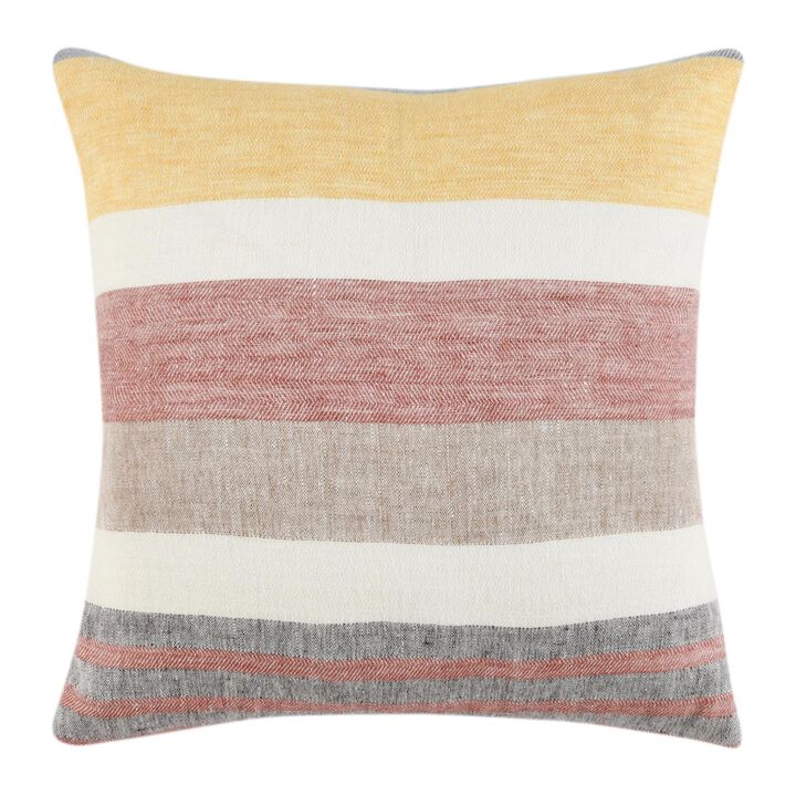 Diu Throw Pillow, 22 Inch Woven Linen, Coastal Striped Red Gray Yellow - Benzara