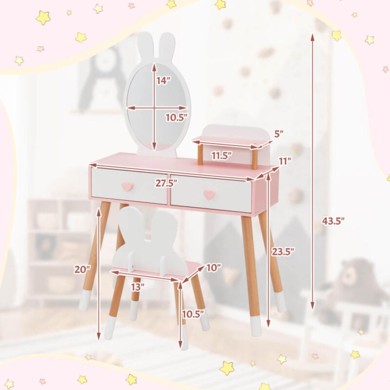 Hivvago 2 in 1 Wooden Princess Kids Vanity Set with Mirror-White