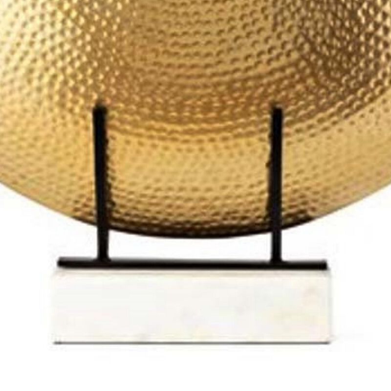 22 Inch Round Statuette, Tabletop Decor, Gold Disk, White Marble Base - Benzara