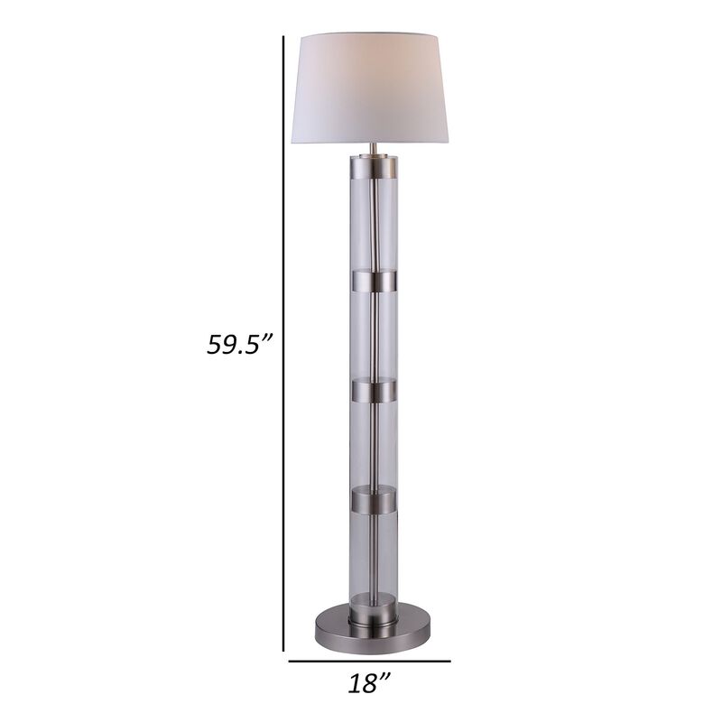 Kria 60 Inch Floor Lamp, Clear Glass Stand, Metal Bands, Satin Nickel-Benzara