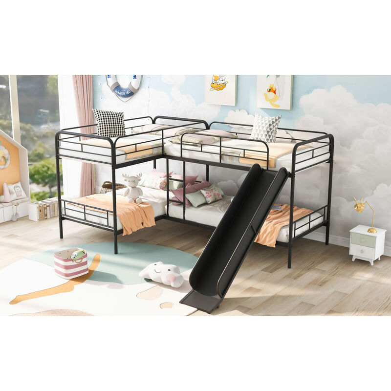 Twin Size L-Shaped Bunk Bed With Slide And Ladder
