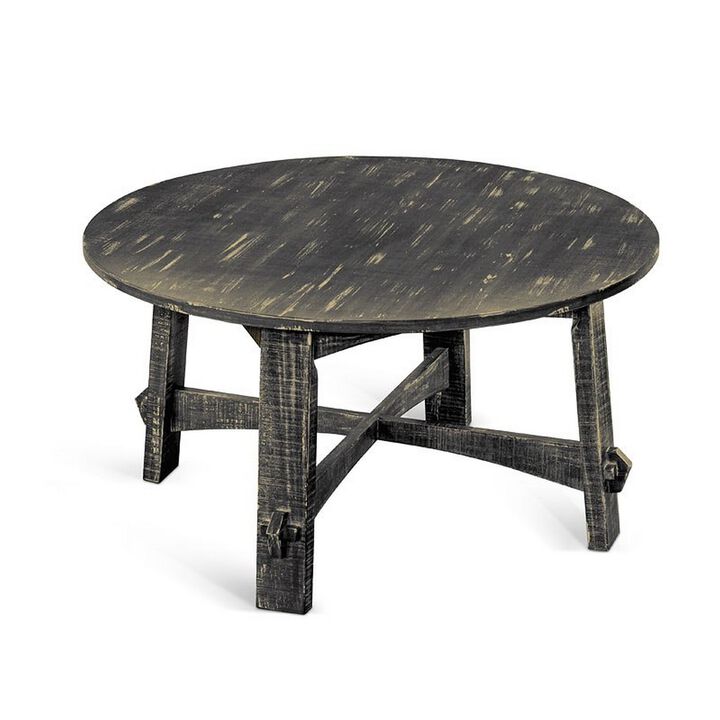 Rena Coffee Table, 36 Inch Round Top, Distressed Rustic Black Wood - Benzara