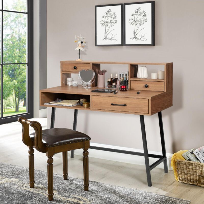 Hivvago 42-Inch Vanity Desk with Tabletop Shelf and 2 Drawers-Natural