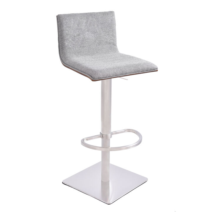 Crystal Adjustable Height Swivel Grey Fabric and Walnut Stool with Brushed Stainless Steel Base