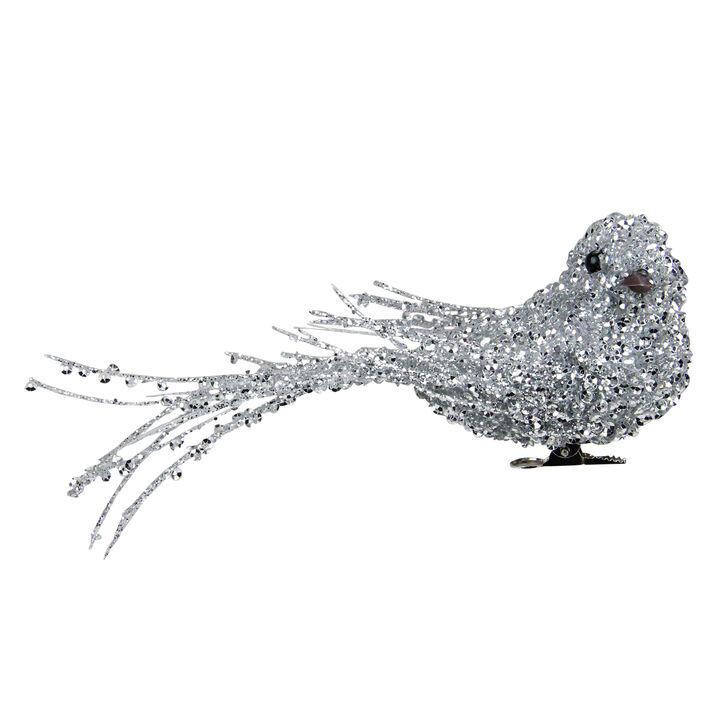 7.5" Silver Sequined Bird Christmas Ornament with Clip