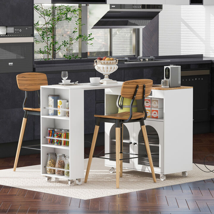 Rolling Kitchen Island with LED Lights and Storage